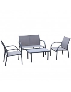 Outsunny 4 Pcs Curved Steel Outdoor Furniture Set with Loveseat, 2 Seats, Glass Top Table, Grey