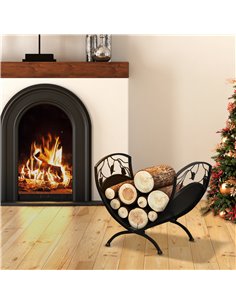 Outsunny Metal Arced Firewood Log Holder Indoor Outdoor Folding Firewood Rack Fireplace Wood Storage Shelf w/ Leaf Pattern Desig 2