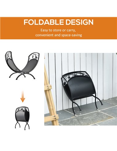 Outsunny Metal Arced Firewood Log Holder Indoor Outdoor Folding Firewood Rack Fireplace Wood Storage Shelf w/ Leaf Pattern Desig