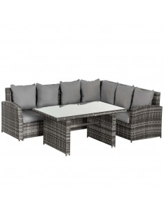 Outsunny 5-Seater PE Rattan Corner Dining Set with Sofa, Table, Cushions, Grey