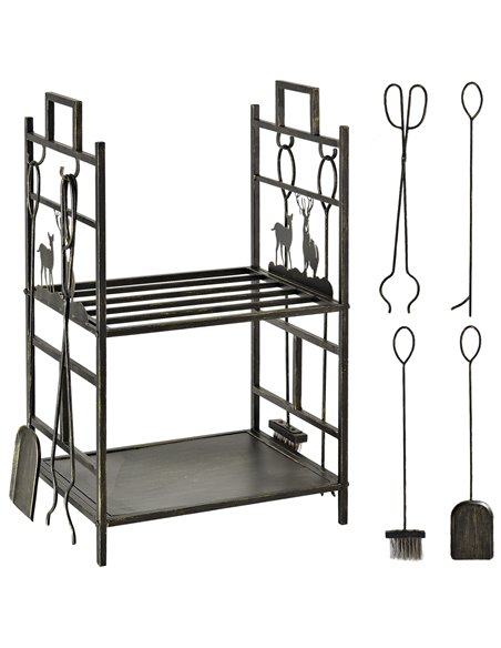 Outsunny Metal Firewood Log Holder 2 Tier Firewood Rack Indoor Outdoor Fireplace Wood Storage Shelf with 4 Tools, Hooks, Elk Sha - pic 106856 | FastDaddyshop