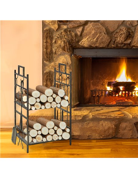 Outsunny Metal Firewood Log Holder 2 Tier Firewood Rack Indoor Outdoor Fireplace Wood Storage Shelf with 4 Tools, Hooks, Elk Sha - pic 106857 | FastDaddyshop
