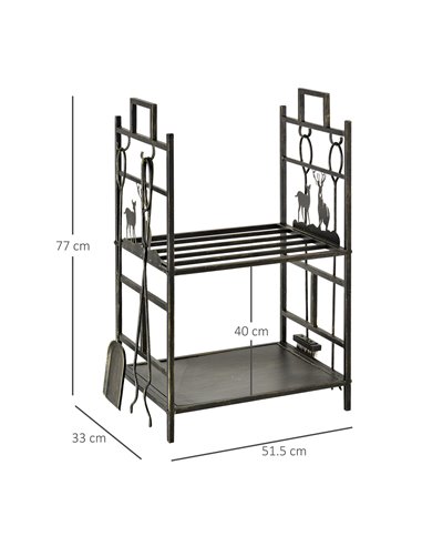 Outsunny Metal Firewood Log Holder 2 Tier Firewood Rack Indoor Outdoor Fireplace Wood Storage Shelf with 4 Tools, Hooks, Elk Sha