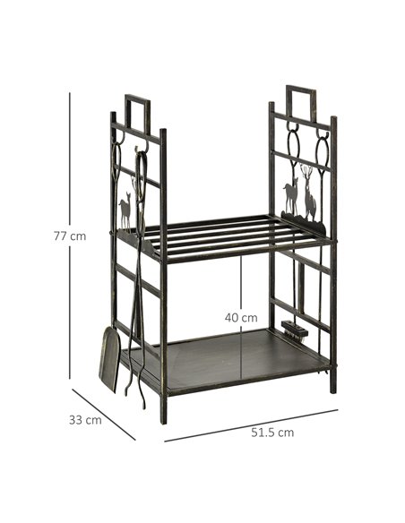 Outsunny Metal Firewood Log Holder 2 Tier Firewood Rack Indoor Outdoor Fireplace Wood Storage Shelf with 4 Tools, Hooks, Elk Sha - pic 106858 | FastDaddyshop