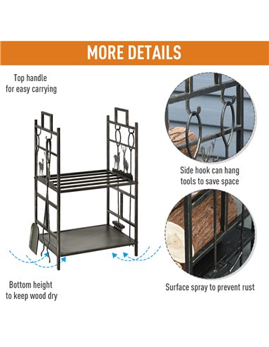 Outsunny Metal Firewood Log Holder 2 Tier Firewood Rack Indoor Outdoor Fireplace Wood Storage Shelf with 4 Tools, Hooks, Elk Sha