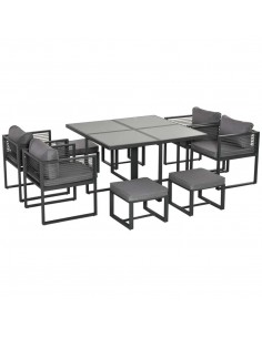 Outsunny 8 Seater Aluminium Garden Dining Cube Set with Dining Table, 4 Chairs, 4 Footstools, Cushion, Grey