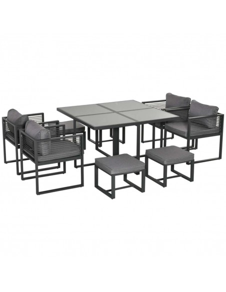 Outsunny 8 Seater Aluminium Garden Dining Cube Set with Dining Table, 4 Chairs, 4 Footstools, Cushion, Grey - pic 10686 | FastDaddyshop
