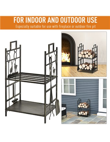 Outsunny Metal Firewood Log Holder 2 Tier Firewood Rack Indoor Outdoor Fireplace Wood Storage Shelf with 4 Tools, Hooks, Elk Sha