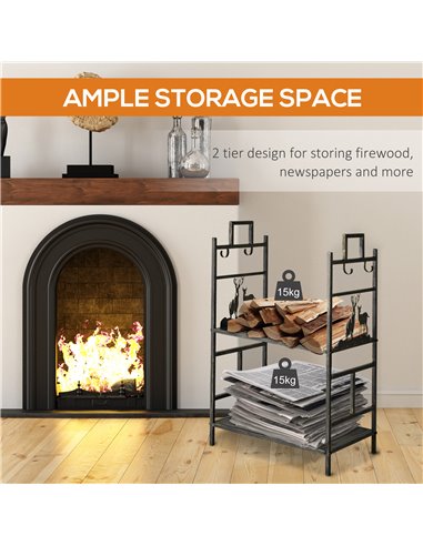 Outsunny Metal Firewood Log Holder 2 Tier Firewood Rack Indoor Outdoor Fireplace Wood Storage Shelf with 4 Tools, Hooks, Elk Sha