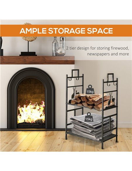 Outsunny Metal Firewood Log Holder 2 Tier Firewood Rack Indoor Outdoor Fireplace Wood Storage Shelf with 4 Tools, Hooks, Elk Sha - pic 106862 | FastDaddyshop