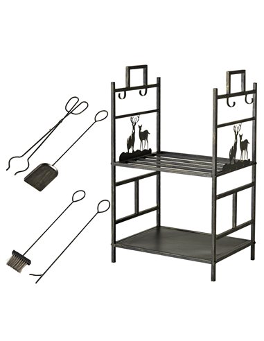 Outsunny Metal Firewood Log Holder 2 Tier Firewood Rack Indoor Outdoor Fireplace Wood Storage Shelf with 4 Tools, Hooks, Elk Sha