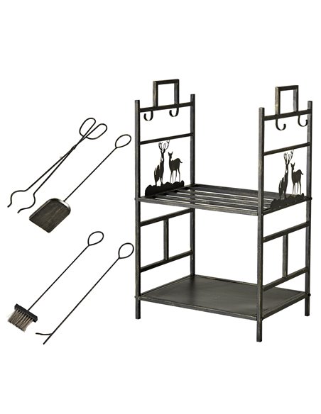 Outsunny Metal Firewood Log Holder 2 Tier Firewood Rack Indoor Outdoor Fireplace Wood Storage Shelf with 4 Tools, Hooks, Elk Sha - pic 106863 | FastDaddyshop