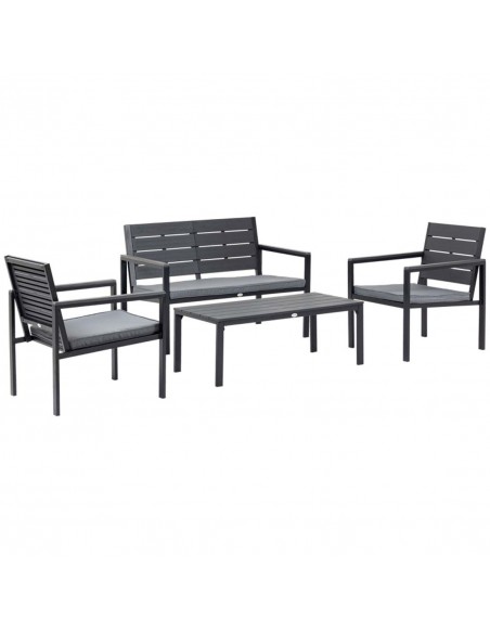 Outsunny 4 Piece Garden Sofa Set with Padded Cushions, Wood Grain Coffee Table, Steel Frame, Grey - pic 10689 | FastDaddyshop