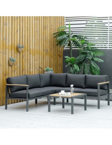 Outsunny 5 Seater L Shape Aluminium Garden Furniture Corner Sofa Set with Coffee Table, Cushions, Dark Grey