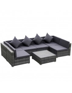 Outsunny 7 Pieces Outdoor PE Rattan Wicker Sofa Set with Acacia Table Top & Cushion, Grey