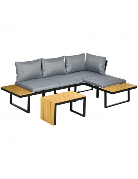 Outsunny 3 Pieces Outdoor Garden Furniture Set with Sofa, Padded Cushions, Wood Grain Plastic Top Table, Dark Grey - pic 10699 | FastDaddyshop