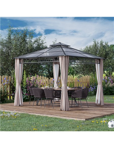 Outsunny 3x3 m Outdoor Polycarbonate Gazebo with Galvanised Steel Frame, Nettings & Curtains - pic 10708 | FastDaddyshop