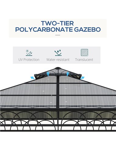 Outsunny 3x3 m Outdoor Polycarbonate Gazebo with Galvanised Steel Frame, Nettings & Curtains