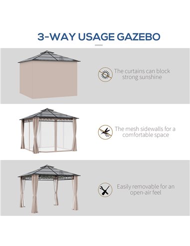 Outsunny 3x3 m Outdoor Polycarbonate Gazebo with Galvanised Steel Frame, Nettings & Curtains