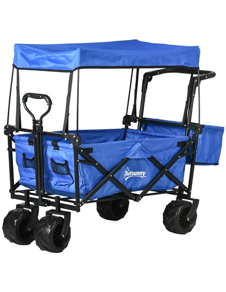 Outsunny Folding Trolley Cart Storage Wagon Beach Trailer 4 Wheels with Handle Overhead Canopy Cart Push Pull for Camping, Blue  - pic 107135 | FastDaddyshop