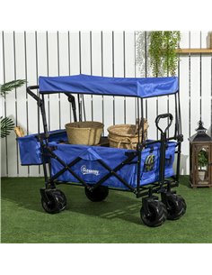 Outsunny Folding Trolley Cart Storage Wagon Beach Trailer 4 Wheels with Handle Overhead Canopy Cart Push Pull for Camping, Blue  2