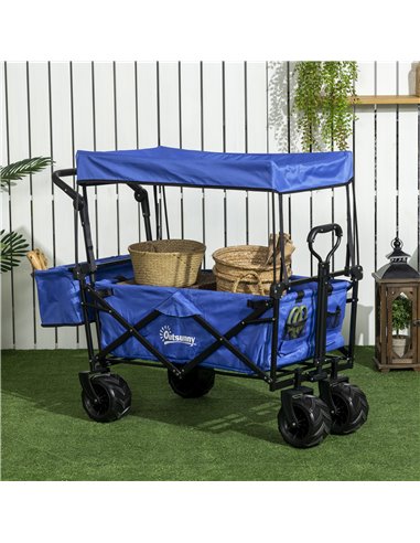 Outsunny Folding Trolley Cart Storage Wagon Beach Trailer 4 Wheels with Handle Overhead Canopy Cart Push Pull for Camping, Blue 