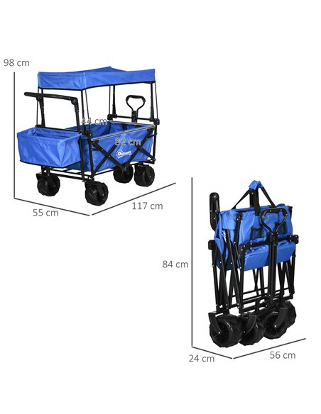 Outsunny Folding Trolley Cart Storage Wagon Beach Trailer 4 Wheels with Handle Overhead Canopy Cart Push Pull for Camping, Blue  - pic 107137 | FastDaddyshop
