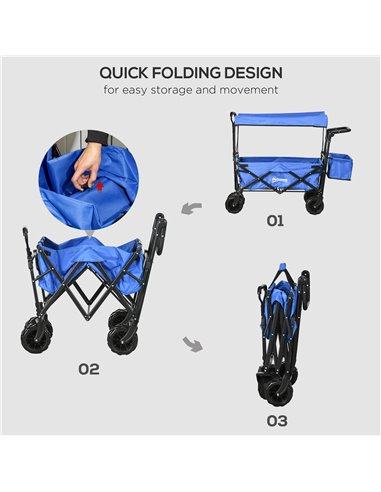 Outsunny Folding Trolley Cart Storage Wagon Beach Trailer 4 Wheels with Handle Overhead Canopy Cart Push Pull for Camping, Blue 
