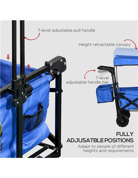 Outsunny Folding Trolley Cart Storage Wagon Beach Trailer 4 Wheels with Handle Overhead Canopy Cart Push Pull for Camping, Blue  - pic 107139 | FastDaddyshop