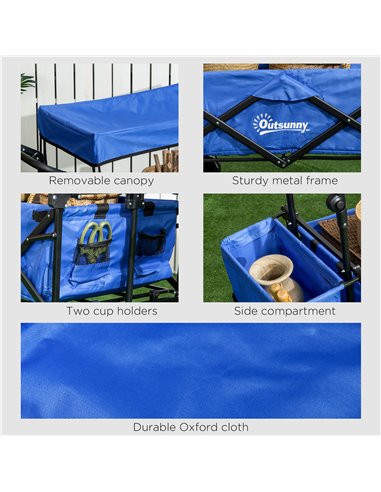 Outsunny Folding Trolley Cart Storage Wagon Beach Trailer 4 Wheels with Handle Overhead Canopy Cart Push Pull for Camping, Blue 