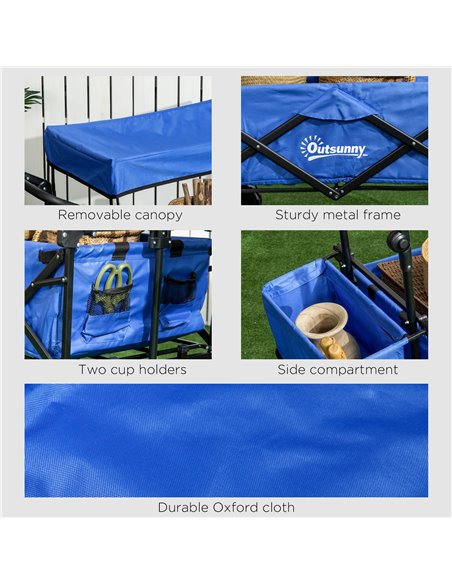 Outsunny Folding Trolley Cart Storage Wagon Beach Trailer 4 Wheels with Handle Overhead Canopy Cart Push Pull for Camping, Blue  - pic 107141 | FastDaddyshop