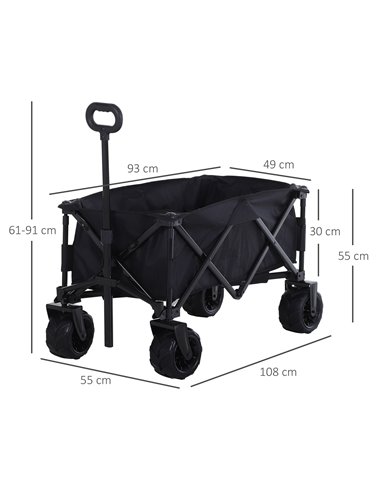 Outsunny Outdoor Folding Garden Trolley on Wheels, Capming Cargo Wagon Cart Trailer w/ Handle, Wheels for Beach Garden, Black 84