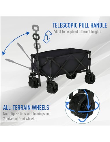 Outsunny Outdoor Folding Garden Trolley on Wheels, Capming Cargo Wagon Cart Trailer w/ Handle, Wheels for Beach Garden, Black 84