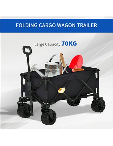 Outsunny Outdoor Folding Garden Trolley on Wheels, Capming Cargo Wagon Cart Trailer w/ Handle, Wheels for Beach Garden, Black 84