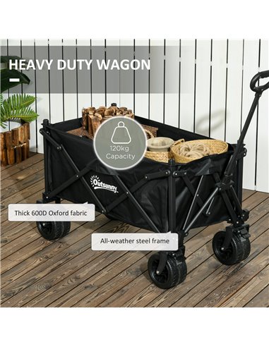 Outsunny Folding Garden Trolley, Outdoor Wagon Cart with Carry Bag, for Beach, Camping, Festival, 120KG Capacity, Black 84H-130V
