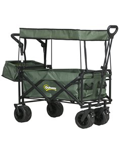 Outsunny Folding Trolley Cart Storage Wagon Beach Trailer 4 Wheels with Handle Overhead Canopy Cart Push Pull for Camping, Green