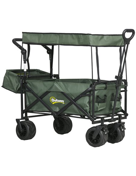 Outsunny Folding Trolley Cart Storage Wagon Beach Trailer 4 Wheels with Handle Overhead Canopy Cart Push Pull for Camping, Green - pic 107396 | FastDaddyshop