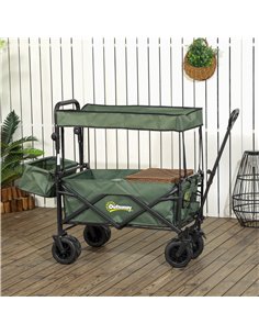 Outsunny Folding Trolley Cart Storage Wagon Beach Trailer 4 Wheels with Handle Overhead Canopy Cart Push Pull for Camping, Green 2