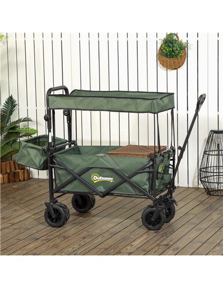 Outsunny Folding Trolley Cart Storage Wagon Beach Trailer 4 Wheels with Handle Overhead Canopy Cart Push Pull for Camping, Green - pic 107397 | FastDaddyshop