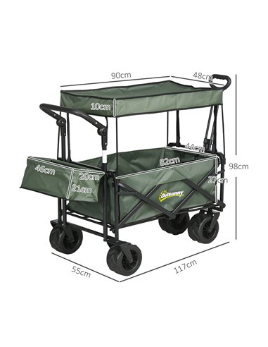 Outsunny Folding Trolley Cart Storage Wagon Beach Trailer 4 Wheels with Handle Overhead Canopy Cart Push Pull for Camping, Green