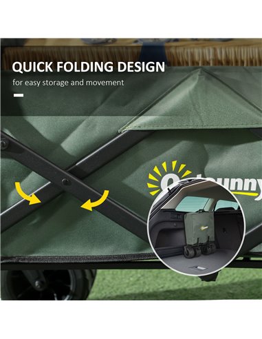 Outsunny Folding Trolley Cart Storage Wagon Beach Trailer 4 Wheels with Handle Overhead Canopy Cart Push Pull for Camping, Green