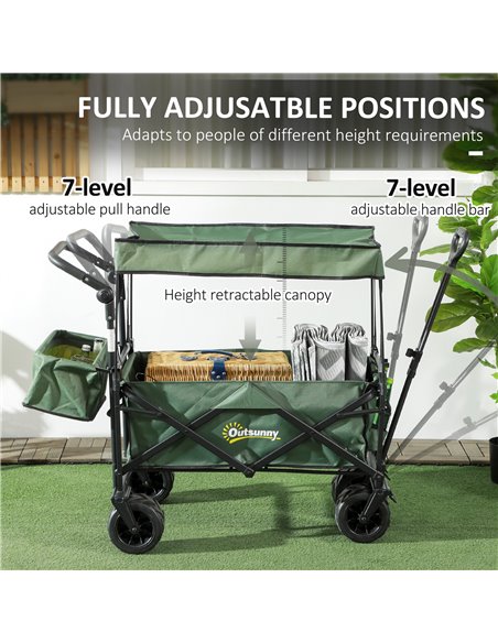 Outsunny Folding Trolley Cart Storage Wagon Beach Trailer 4 Wheels with Handle Overhead Canopy Cart Push Pull for Camping, Green - pic 107400 | FastDaddyshop
