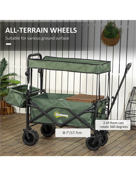 Outsunny Folding Trolley Cart Storage Wagon Beach Trailer 4 Wheels with Handle Overhead Canopy Cart Push Pull for Camping, Green - pic 107401 | FastDaddyshop