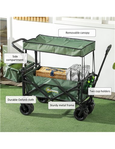 Outsunny Folding Trolley Cart Storage Wagon Beach Trailer 4 Wheels with Handle Overhead Canopy Cart Push Pull for Camping, Green