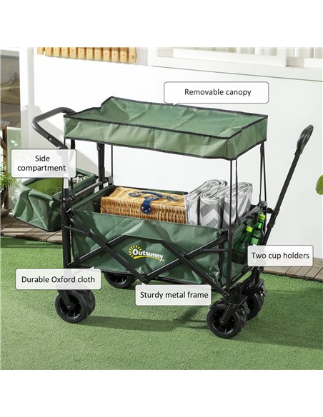 Outsunny Folding Trolley Cart Storage Wagon Beach Trailer 4 Wheels with Handle Overhead Canopy Cart Push Pull for Camping, Green - pic 107402 | FastDaddyshop