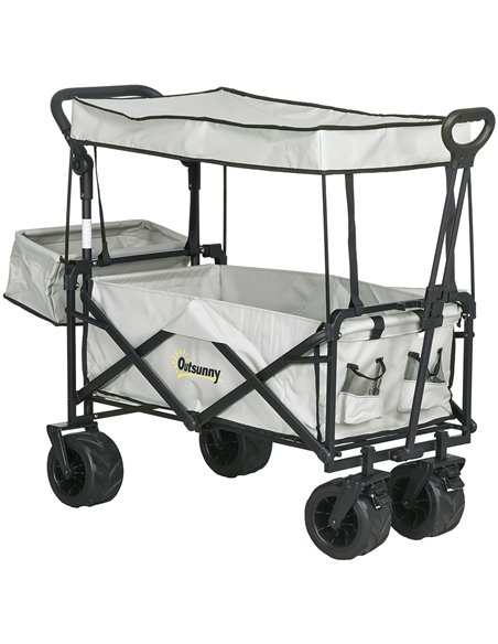 Outsunny Folding Trolley Cart Storage Wagon Beach Trailer 4 Wheels with Handle Overhead Canopy Cart Push Pull for Camping, Grey  - pic 107405 | FastDaddyshop