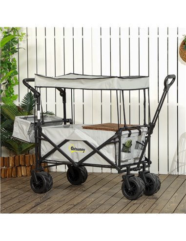 Outsunny Folding Trolley Cart Storage Wagon Beach Trailer 4 Wheels with Handle Overhead Canopy Cart Push Pull for Camping, Grey 