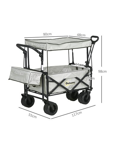 Outsunny Folding Trolley Cart Storage Wagon Beach Trailer 4 Wheels with Handle Overhead Canopy Cart Push Pull for Camping, Grey 