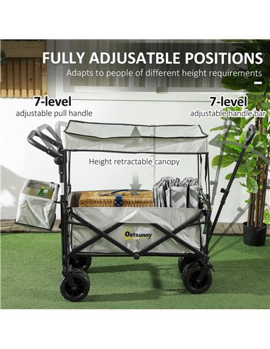 Outsunny Folding Trolley Cart Storage Wagon Beach Trailer 4 Wheels with Handle Overhead Canopy Cart Push Pull for Camping, Grey 