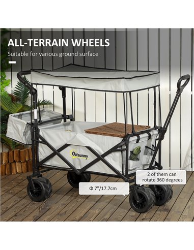 Outsunny Folding Trolley Cart Storage Wagon Beach Trailer 4 Wheels with Handle Overhead Canopy Cart Push Pull for Camping, Grey 